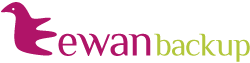 Logo: purple bird icon beside the text 'ewan backup' with 'backup' in green.